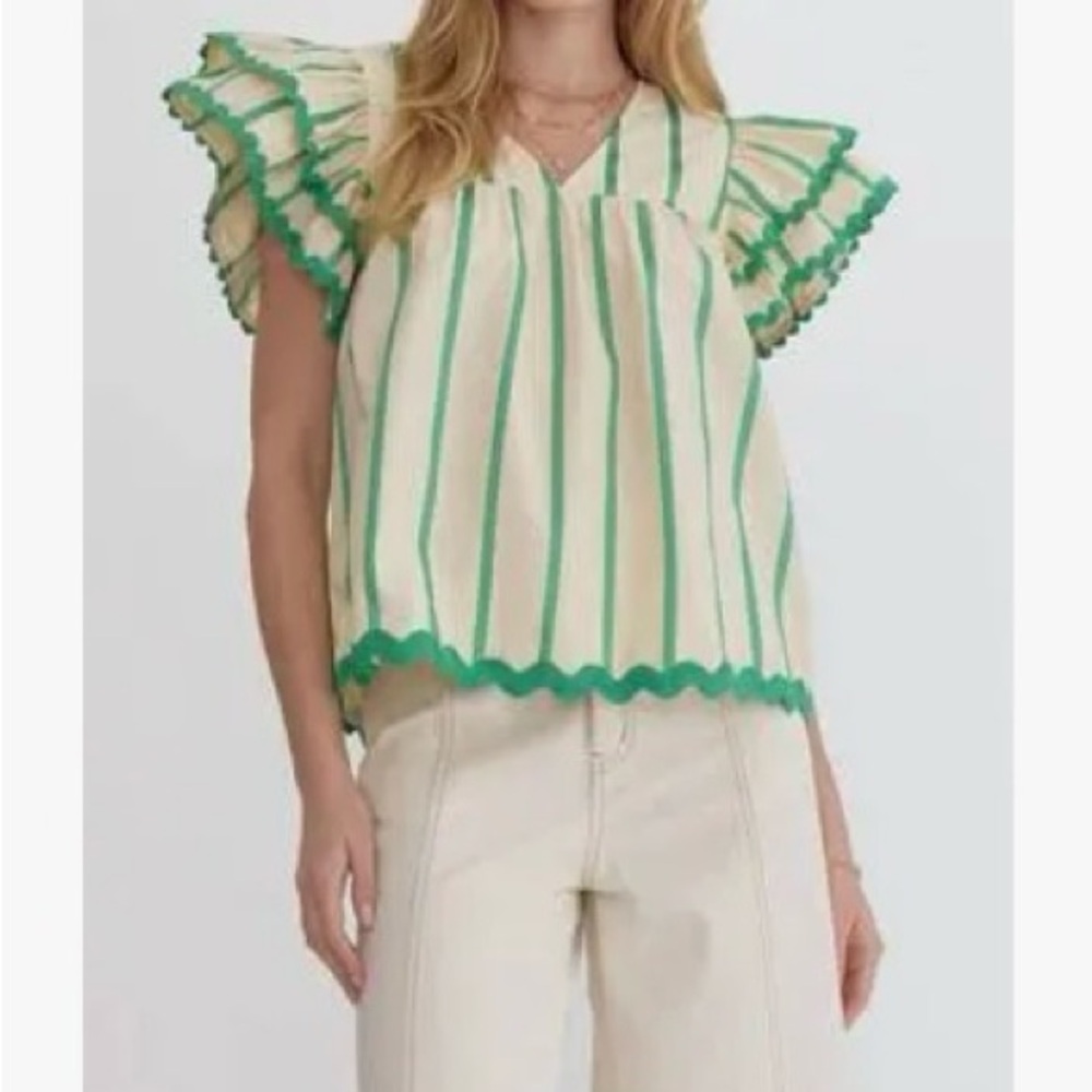 ENTRO Ric Rac Stripe Top - Pale Yellow & Kelly Green Blouse.  size Large